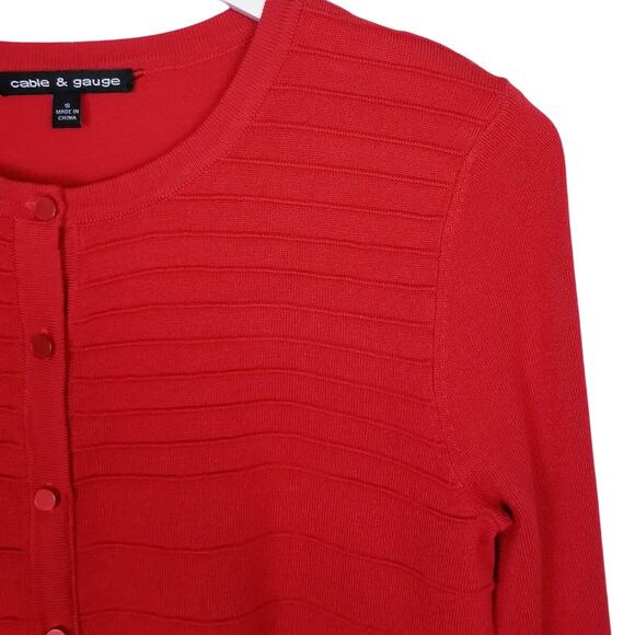 Cable & Gauge Red Pointelle Knit Ribbed Button Front Cardigan Sweater - Small - Picture 2 of 7